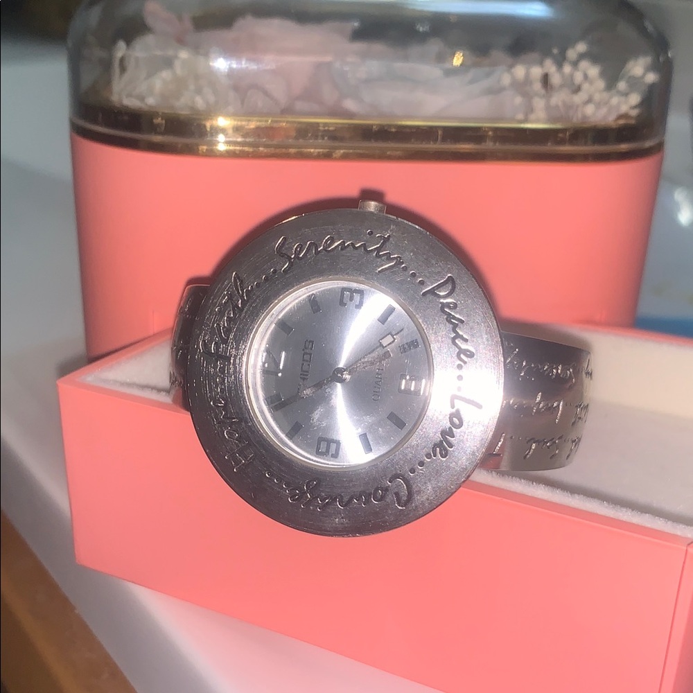 Chico's Silver Tone Engraved Bangle Watch with Coral Box